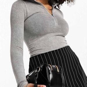 ASOS | seamless long sleeve half zip bodysuit in washed charcoals
